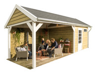 Woodvision | Zweeds Tuinhuis Poolvos | 610 x 372 cm | Basis + Deur wit | Wanden wit gespoten